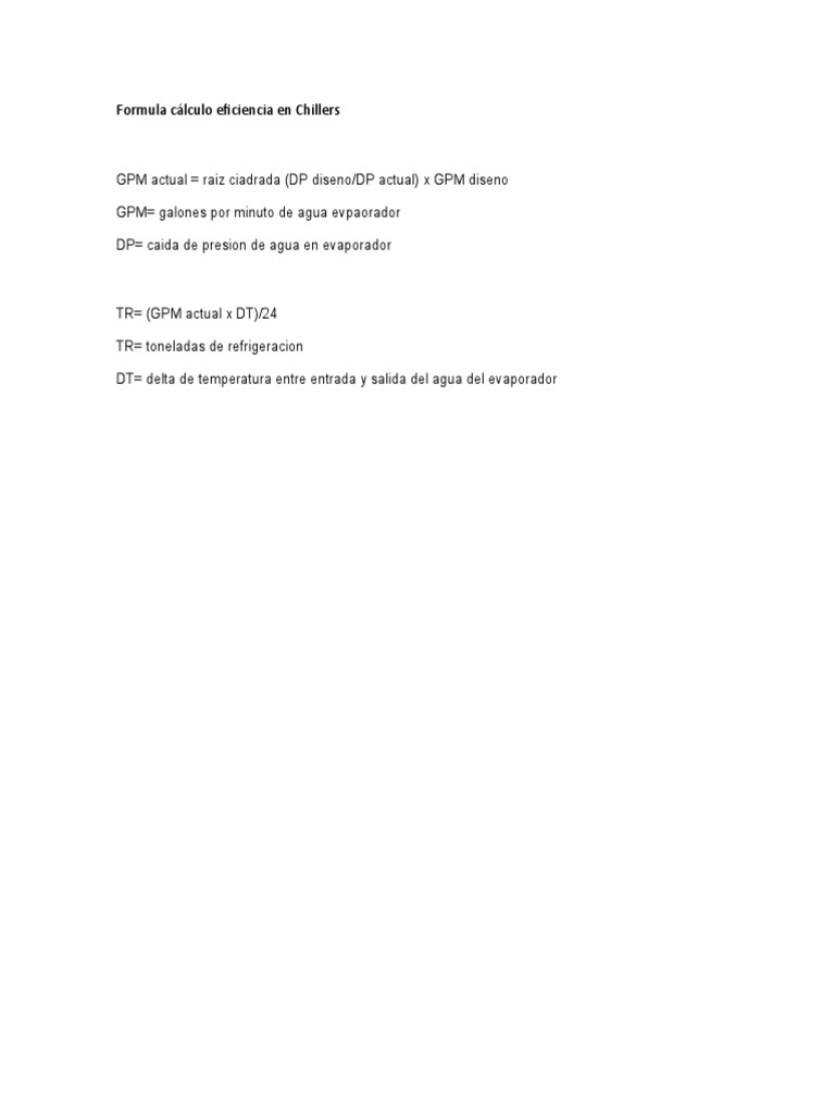 Formula Cálculo Eficiencia en Chillers PDF