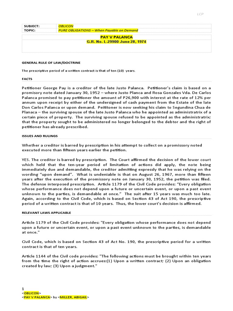 Pay V Palanca Case Digest PDF Statute Of Limitations Promissory