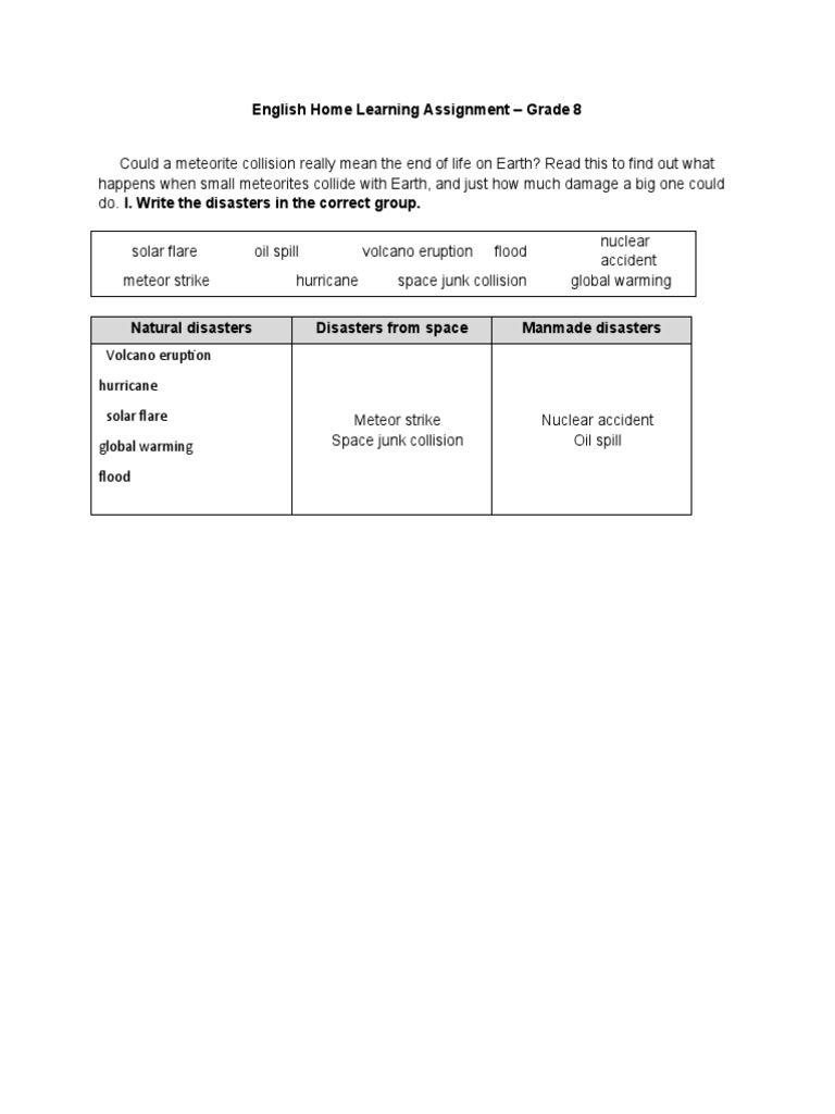 English Home Learning Assignment - Grade 8 | PDF | Natural Disasters ...