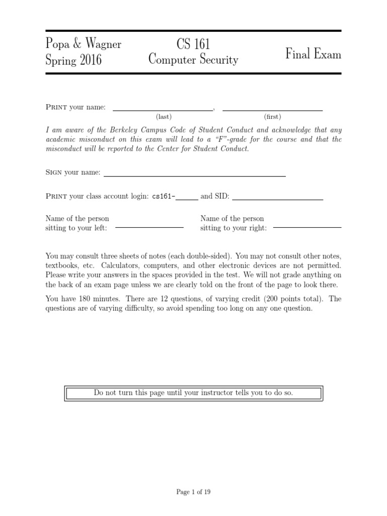 Popa & Wagner Spring 2016 CS 161 Computer Security Final Exam PDF
