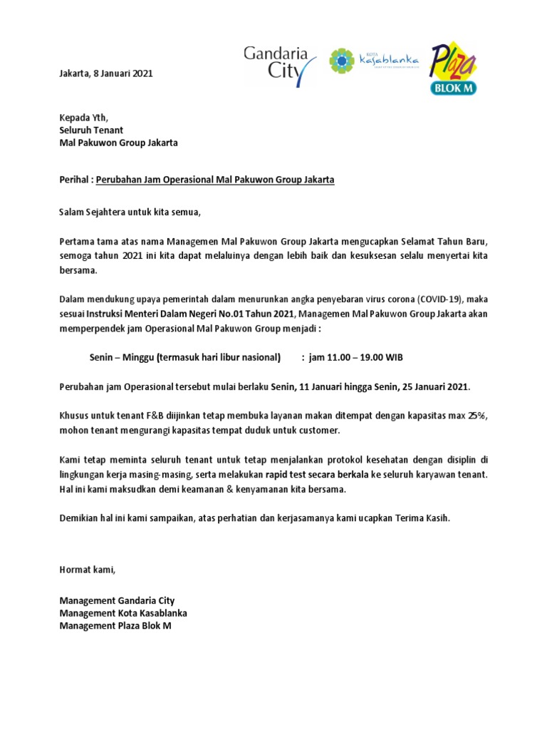 Surat Perubahan Jam Operasional Mall Pakuwon Group Jakarta Per 11 Jan