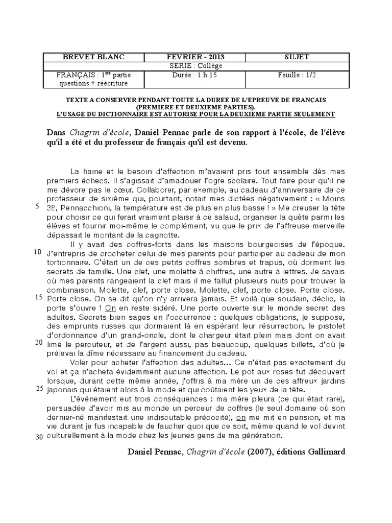 Sujet Brevet Annie Ernaux Les Années Corrigé Brevet Blanc 2013 | PDF
