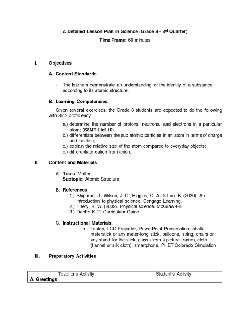 Grade 8 Science Lesson Plan: Atomic Structure | PDF | Ion | Atoms