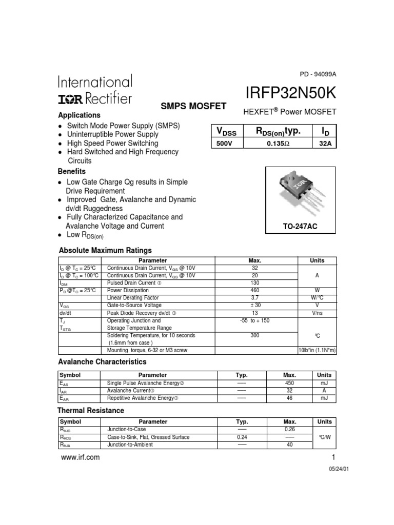 IRFP32N50K: Smps Mosfet V R Typ. I | PDF | Field Effect Transistor | Diode