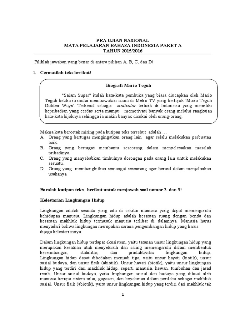 Soal Pra Un Bahasa Indonesia Paket A Pdf