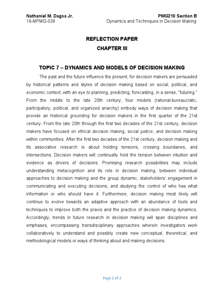 Reflection Paper Decision Making Chapter 3 PDF Swot Analysis
