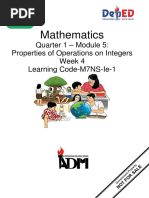 Mathematics: Quarter 1 - Module 5: Properties of Operations On Integers Week 4 Learning Code-M7NS-Ie-1