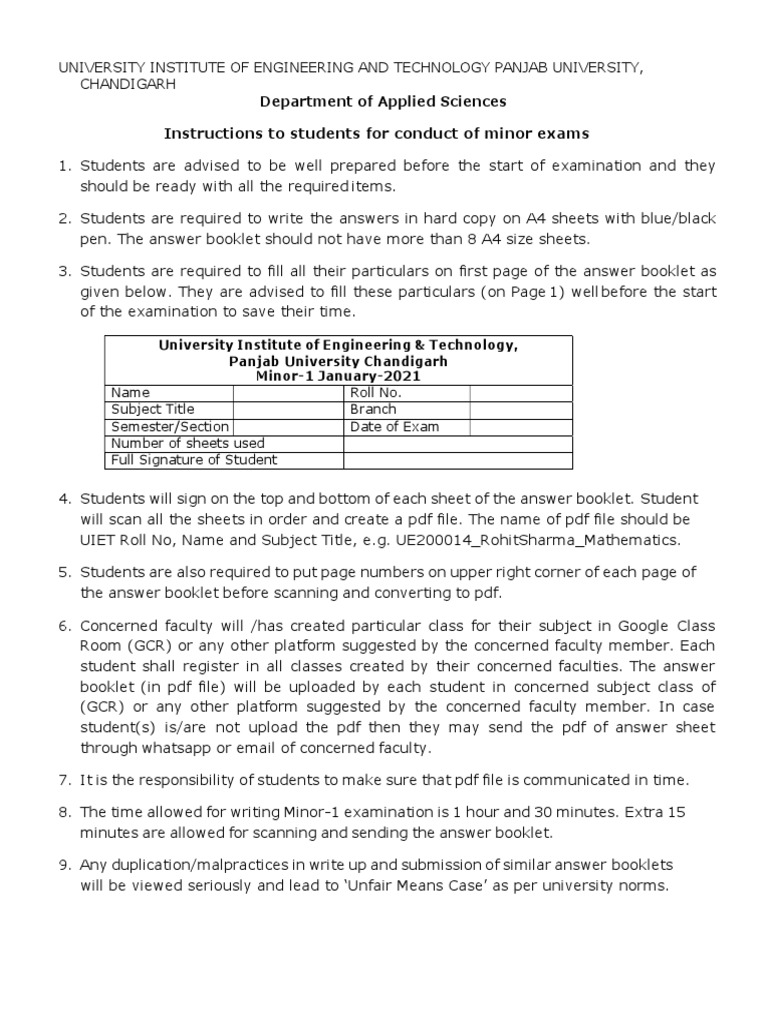 Instructions For MINOR EXAMS | PDF | Test (Assessment) | Test/Examination