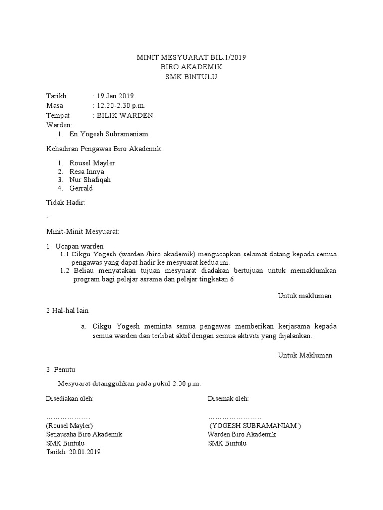 Minit Mesyuarat Asrama Biro Akademik2 Pdf