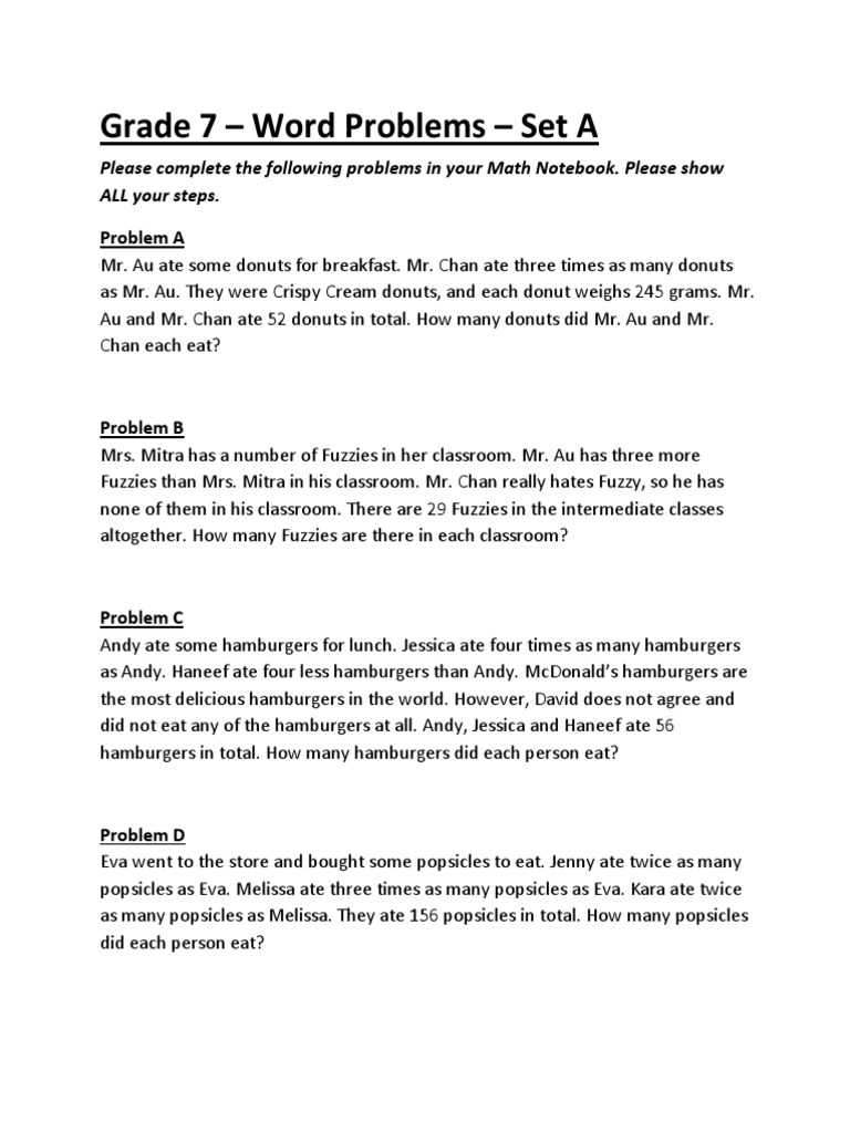 Grade 7 Math Word Problems Set A | PDF