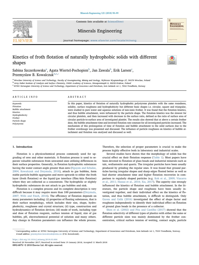 Kinetics of Froth Flotation of Naturally Hydrophobic Solids With ...