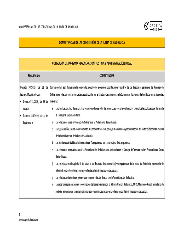 Competencias de Las Consejerías de La Junta de Andalucía PDF Ley Pública Política