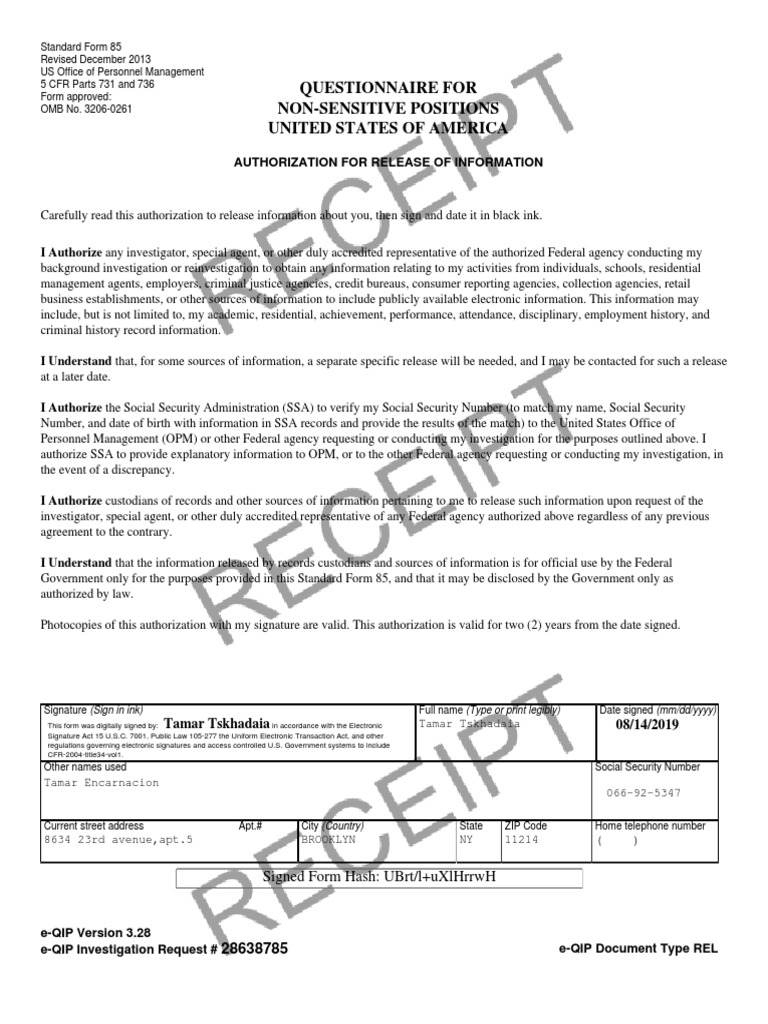 EQIP Request 28638785 REL Signed PDF Special Agent United States