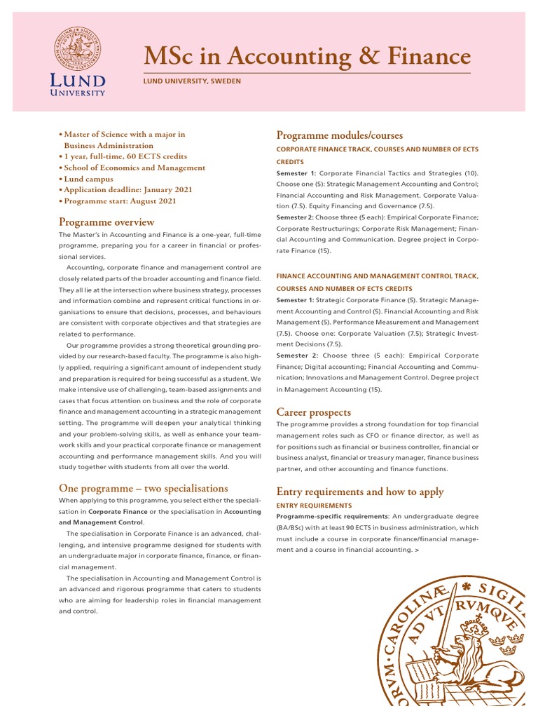 MSC in Accounting & Finance Programme Modules/Courses PDF Chief Financial Officer Accounting