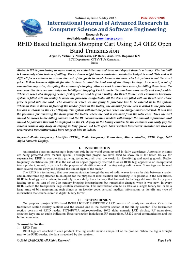 RFID Based Intelligent Shopping Cart Using 2.4 GHZ Open Band