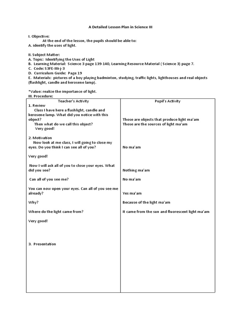 A Detailed Lesson Plan in Science III Final Demo | PDF | Light | Lesson ...