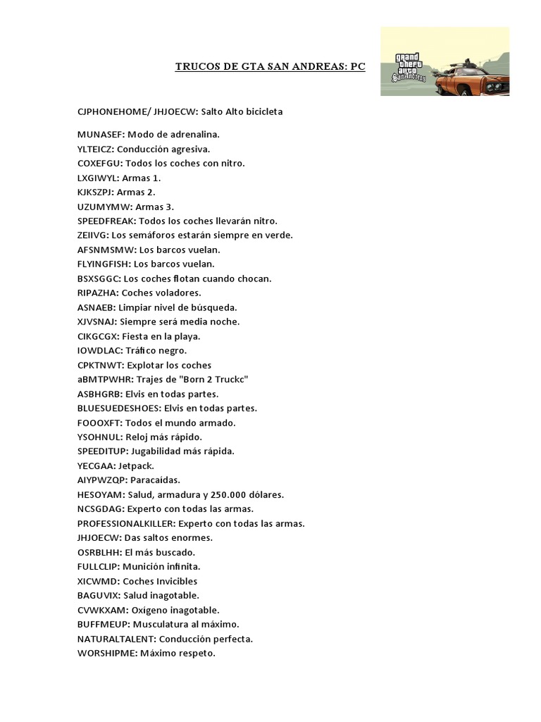 Trucos de GTA San Andreas para PC | PDF | Caso de carta | Ocio
