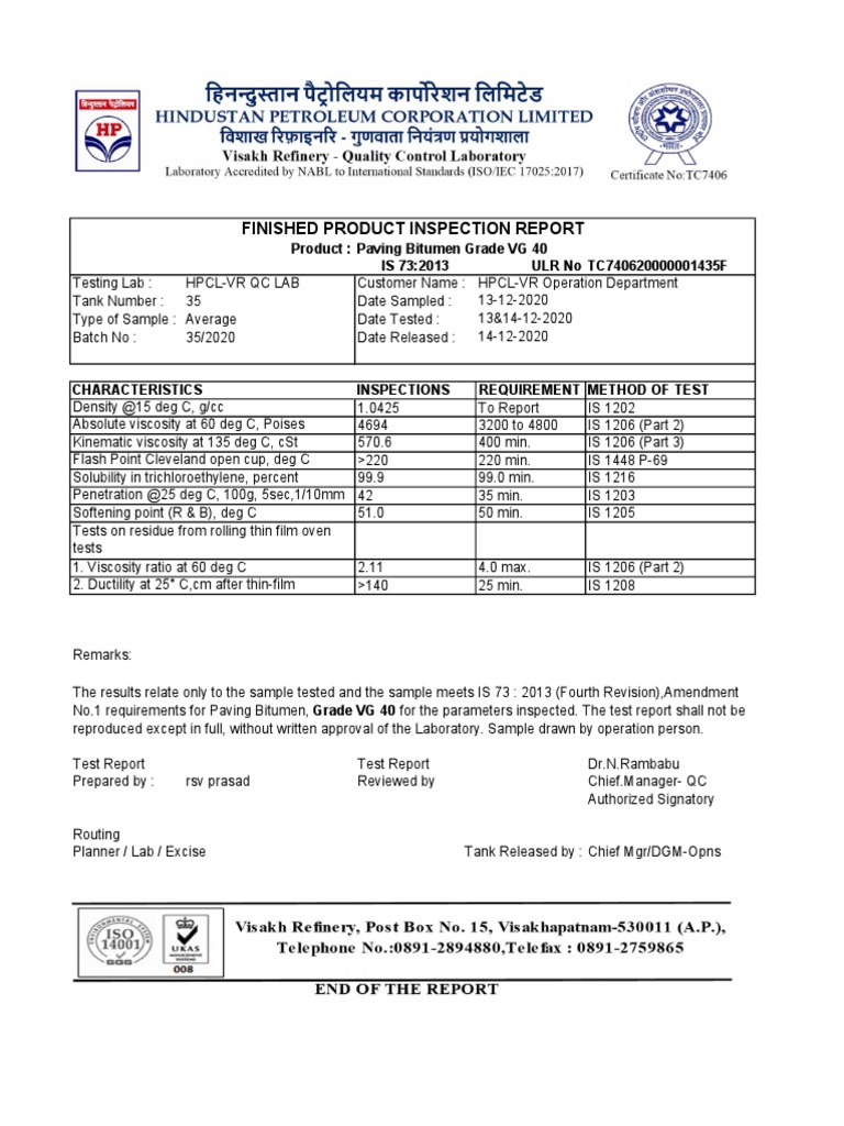 VG 40 Bitumen Test Report Summary | PDF | Science & Mathematics ...