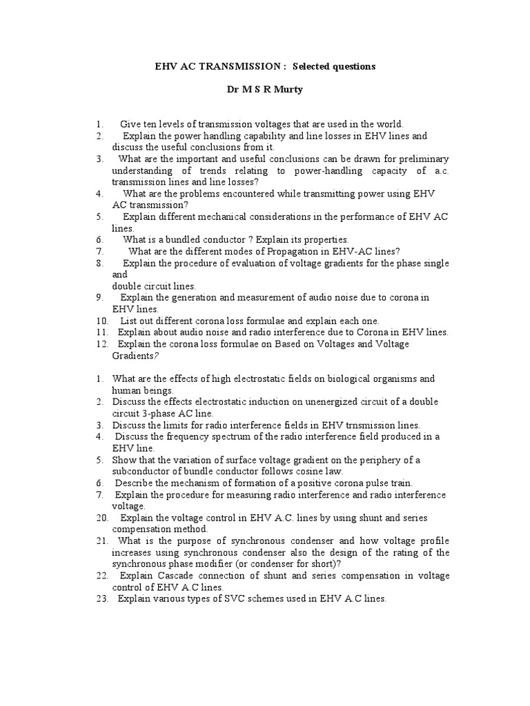 EHV AC TRANSMISSION Questions PDF Alternating Current Electric