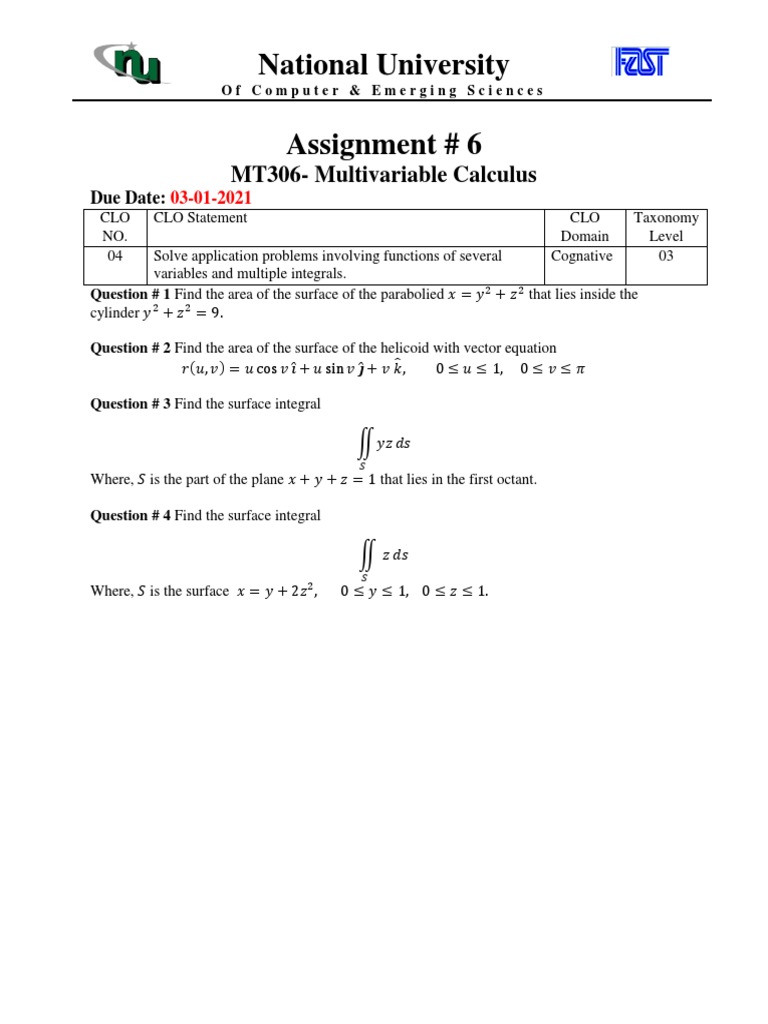 National University Assignment # 6: MT306-Multivariable Calculus | PDF