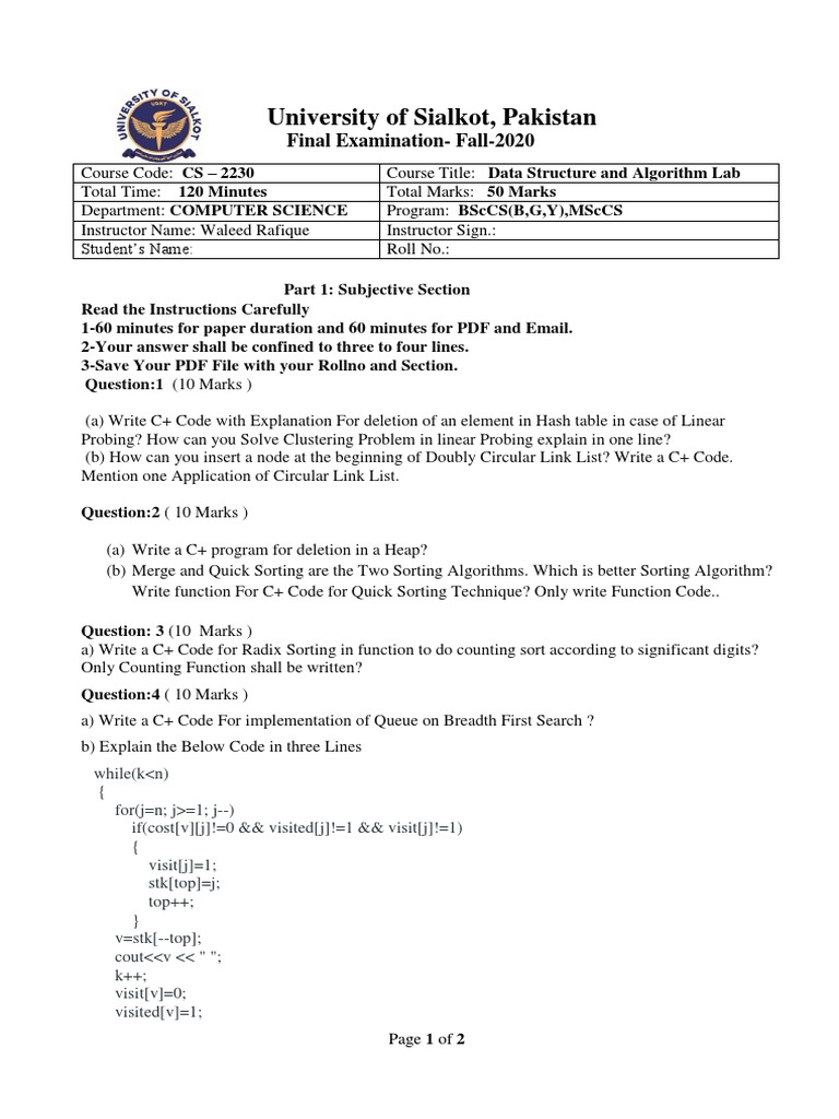 Data Structures Lab Exam Questions | PDF
