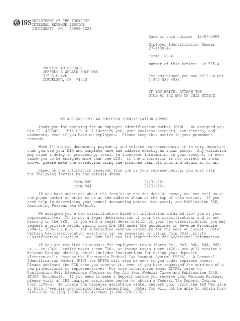 Cp575 1260212630436 Irs Fein Pdf Internal Revenue Service Irs Tax Forms