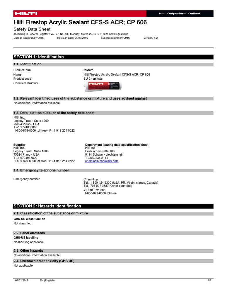 Hilti Firestop Acrylic Sealant CFSS ACR CP 606 Safety Data Sheet