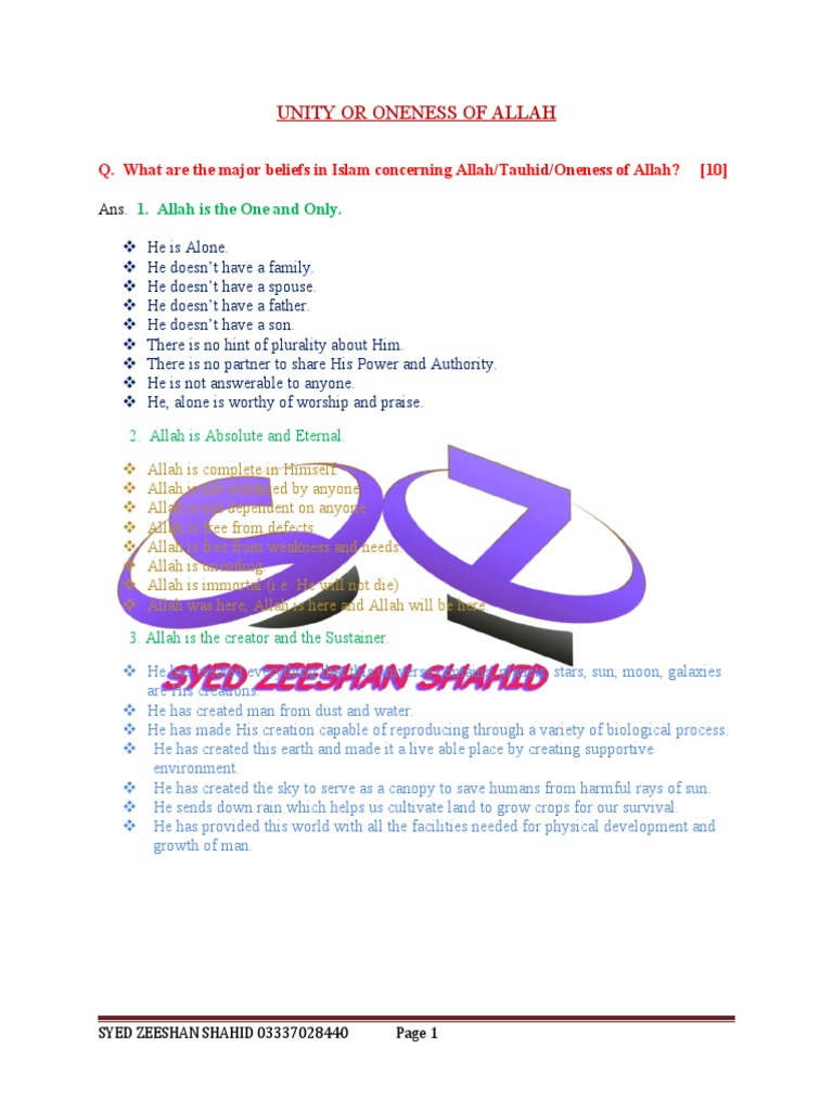 Unity or Oneness of Allah | PDF | Prophets And Messengers In Islam | Tawhid