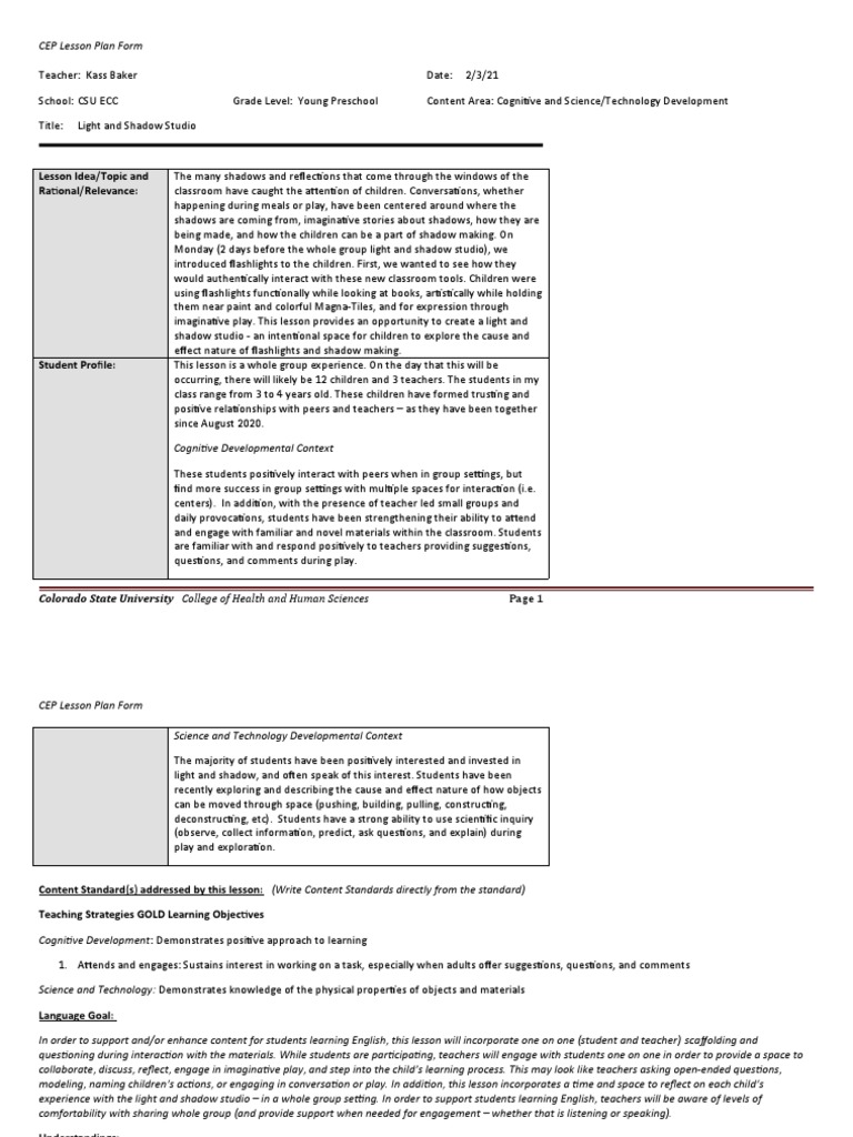 Final Light and Shadow Lesson Plan | PDF | Lesson Plan | Teachers