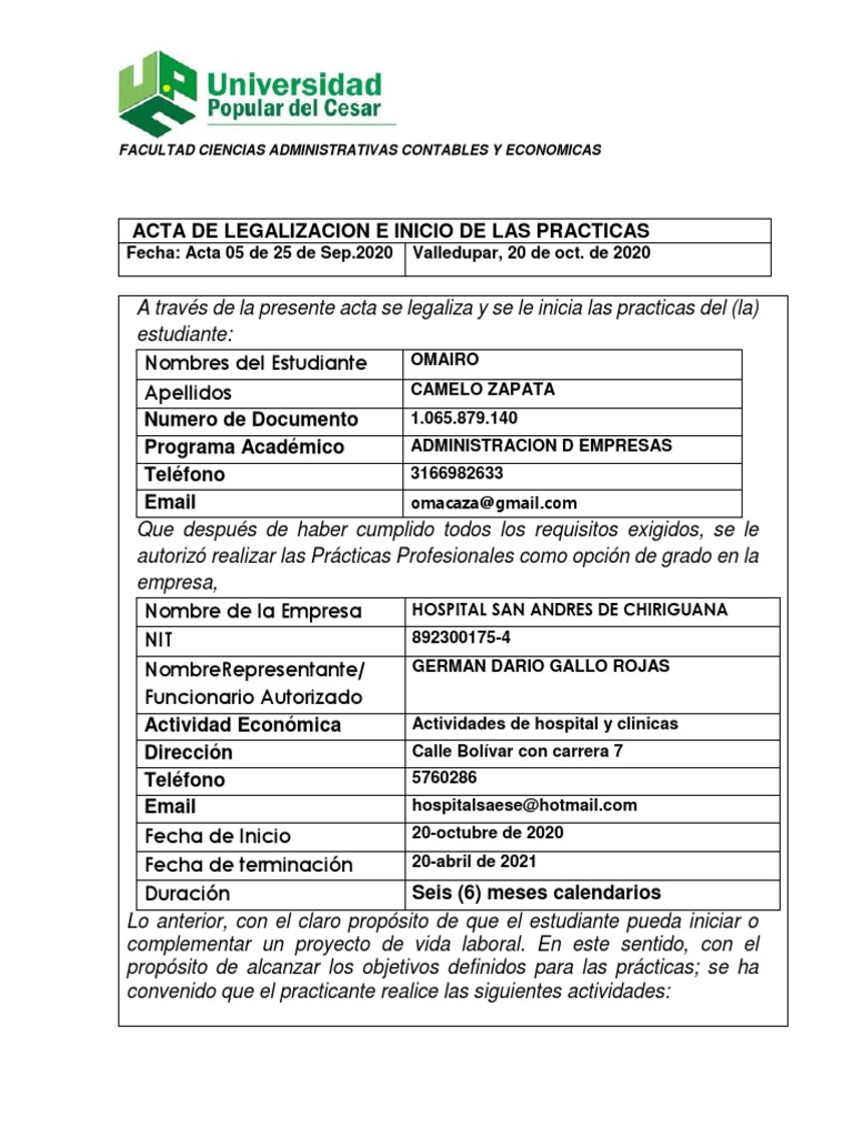 1 Acta de Legalizacion e Inicio de Practicas Upc | PDF | Empresas ...