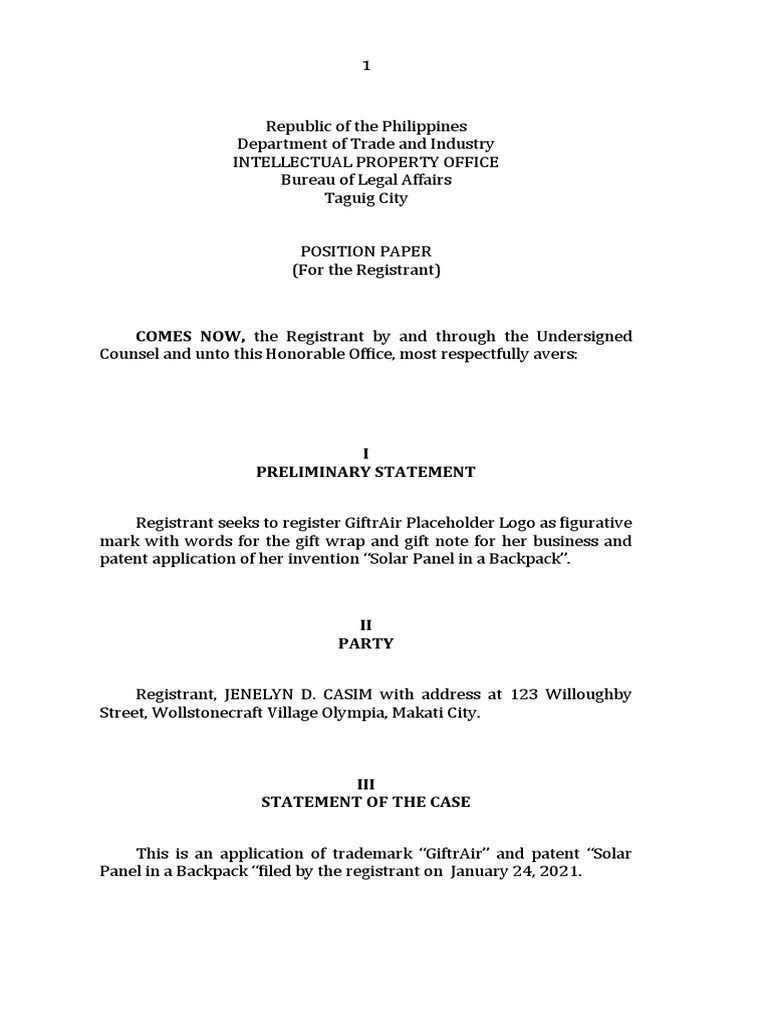 PositionPaperTrademark and Patent Application of Casim PDF