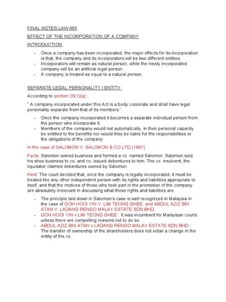 Final Notes Law 485 Effect Of Incorporation Of Company Pdf Insurance Companies