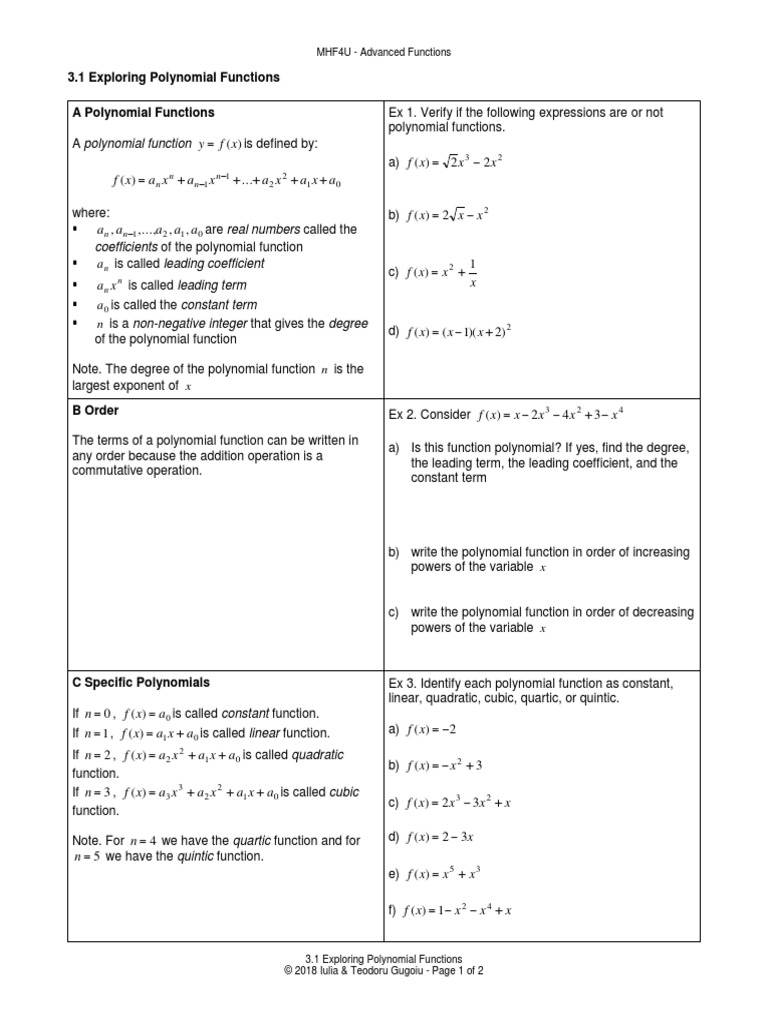 3.1 Exploring Polynomial Functions | PDF | Polynomial | Algorithms