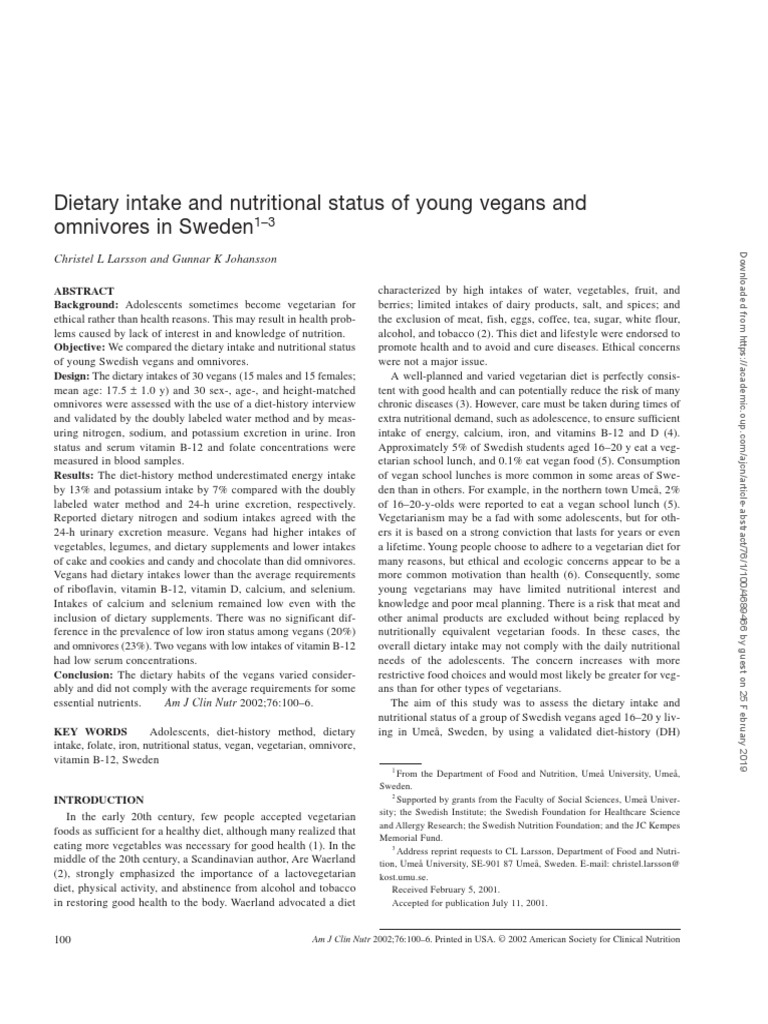 Dietary Intake and Nutritional Status of Young Vegans and Omnivores ...