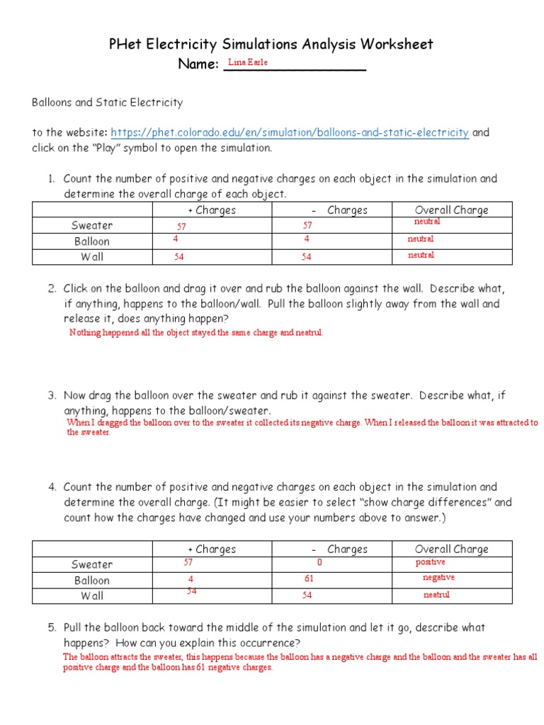 Angelina Earle - PHet Electricity Simulations Analysis Worksheet | PDF |  Electric Charge | Force