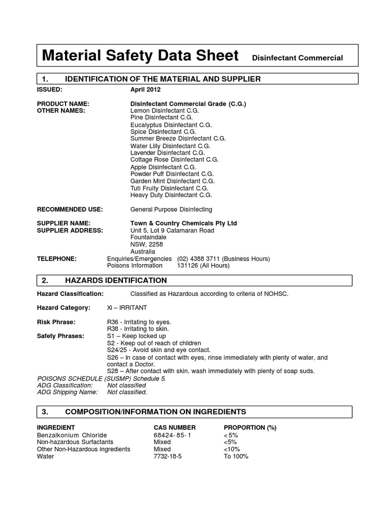 Material Safety Data Sheet Disinfectant Commercial Download Free PDF