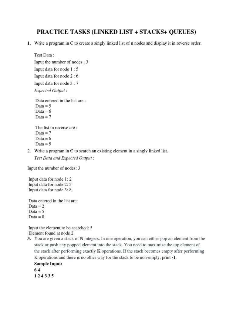 Practice Tasks (Linked List + Stacks+ Queues) | PDF | Queue (Abstract ...