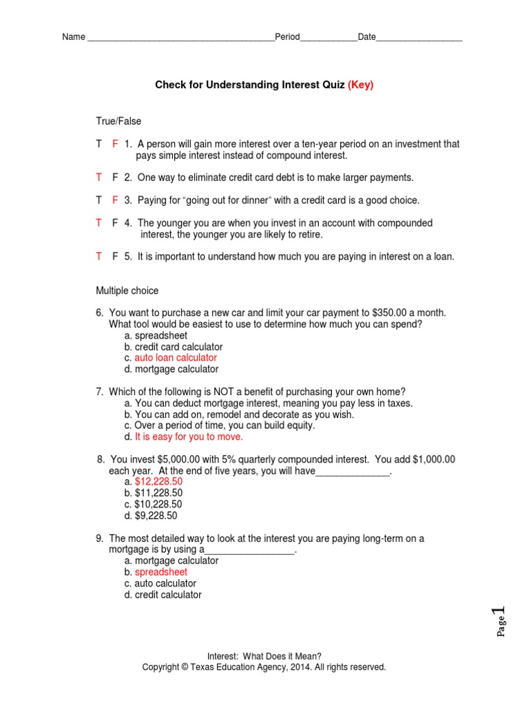 Check For Understanding Interest Quiz Key | PDF | Interest | Debt