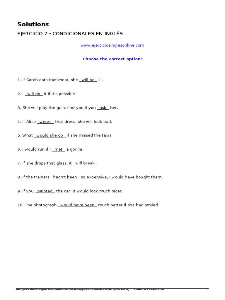 Solutions Ejercicio 7 Condicionales En Ingl s PDF