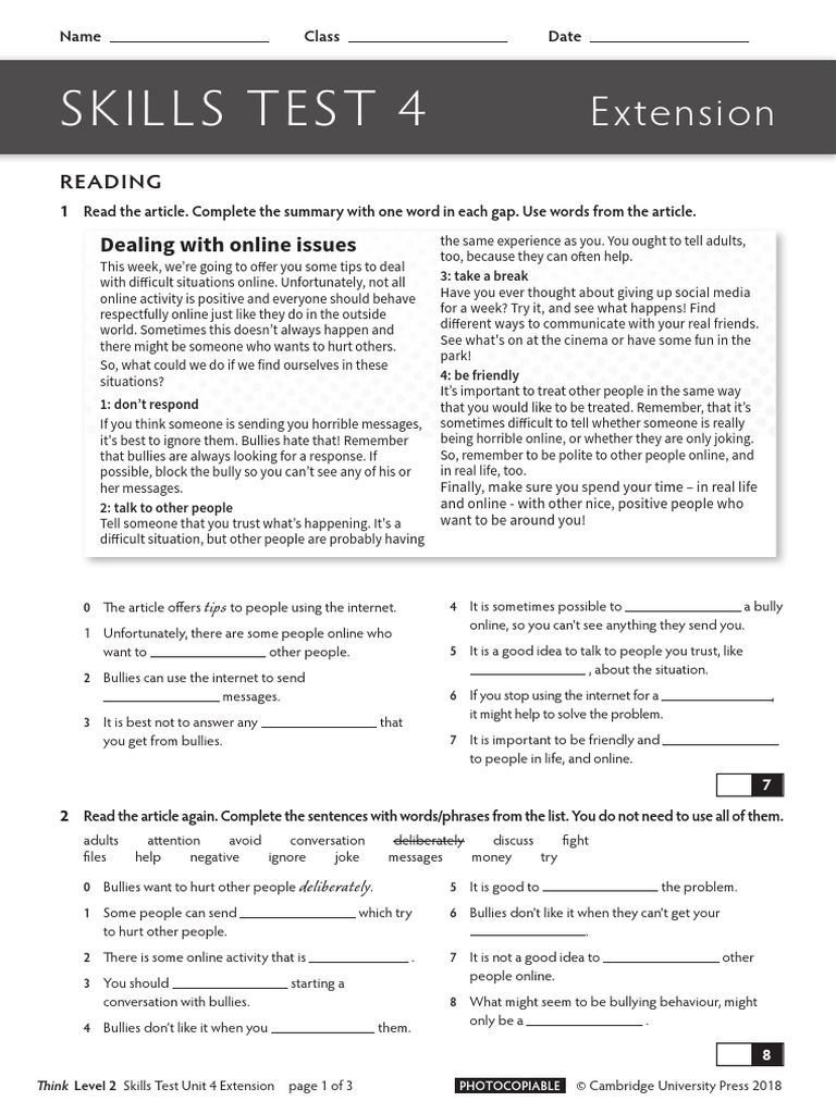 Think l2 Skills Test Extension 4 | PDF | Bullying | Conversation