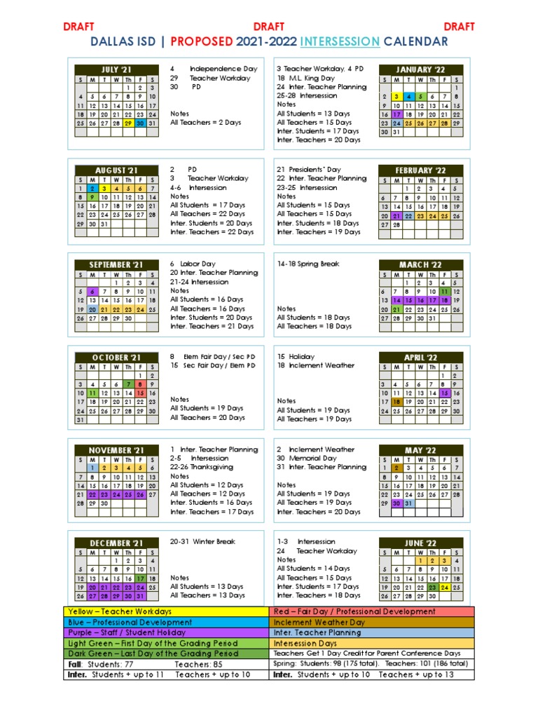 Dallas ISD Proposed Intersession Calendars - 2021-22 & 2022-23 | PDF