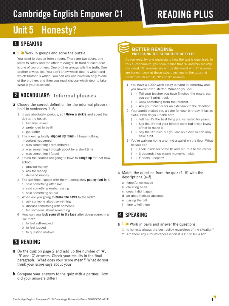 Cambridge English Empower Empower C1 Reading Plus U05 Worksheet | PDF