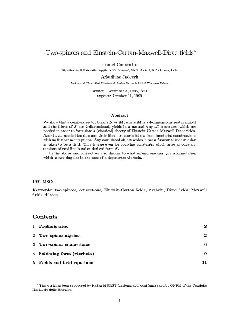 Canarutto Jadczyk Two Spinors And Einstein Cartan Maxwell Dirac Fields Linguistics Phonetics