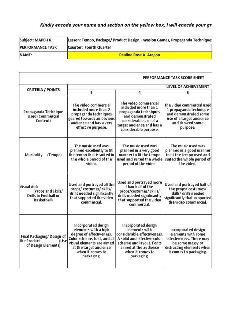 RUBRIC OF MAPEH 6 PT Pauline | PDF | Communication | Human Nature