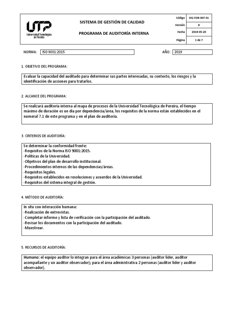 Programa de Auditoría Interna ISO 9001 | PDF | Contralor | Sistema de ...