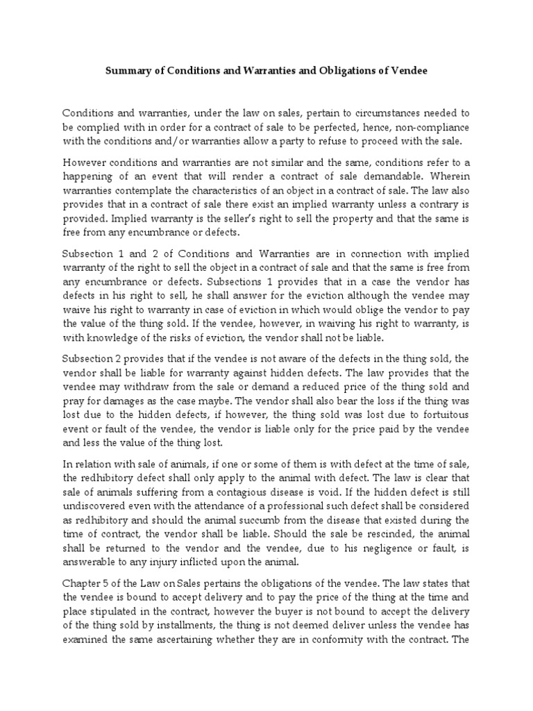 Summary of Conditions and Warranties and Obligations of Vendee PDF