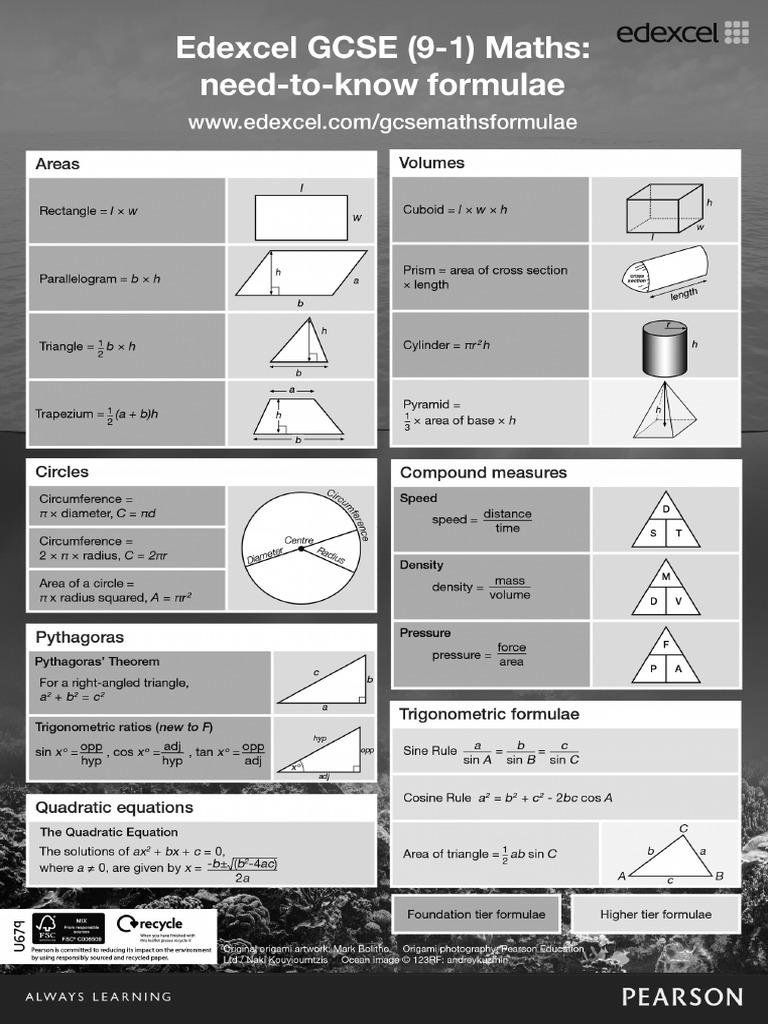 Gcse Maths Formulae Sheet A5