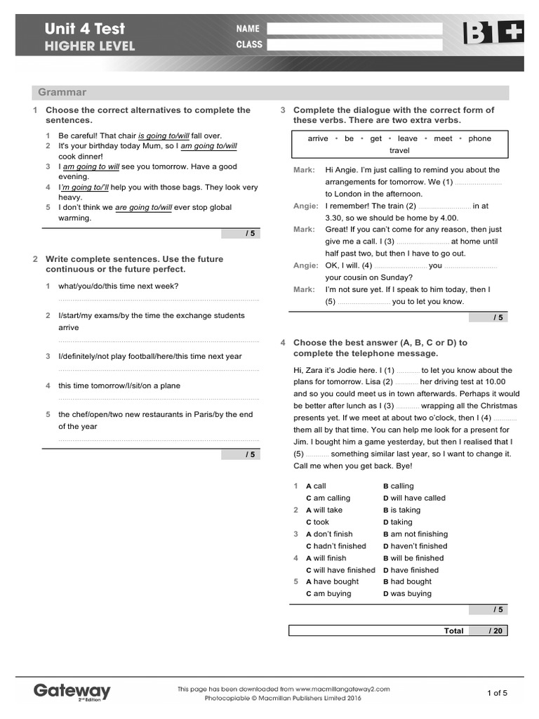 Gateway B1+ Unit 4 Test Review | PDF
