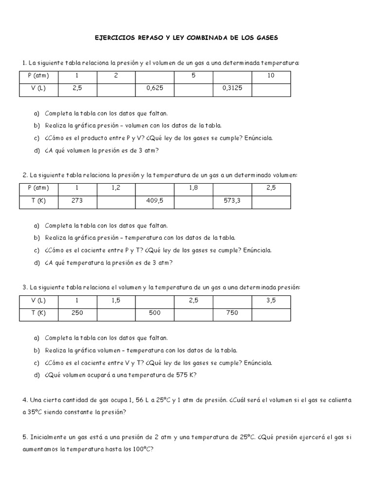Ejercicios Ley Combinada de Gases | PDF | Gases | Mecánica estadística