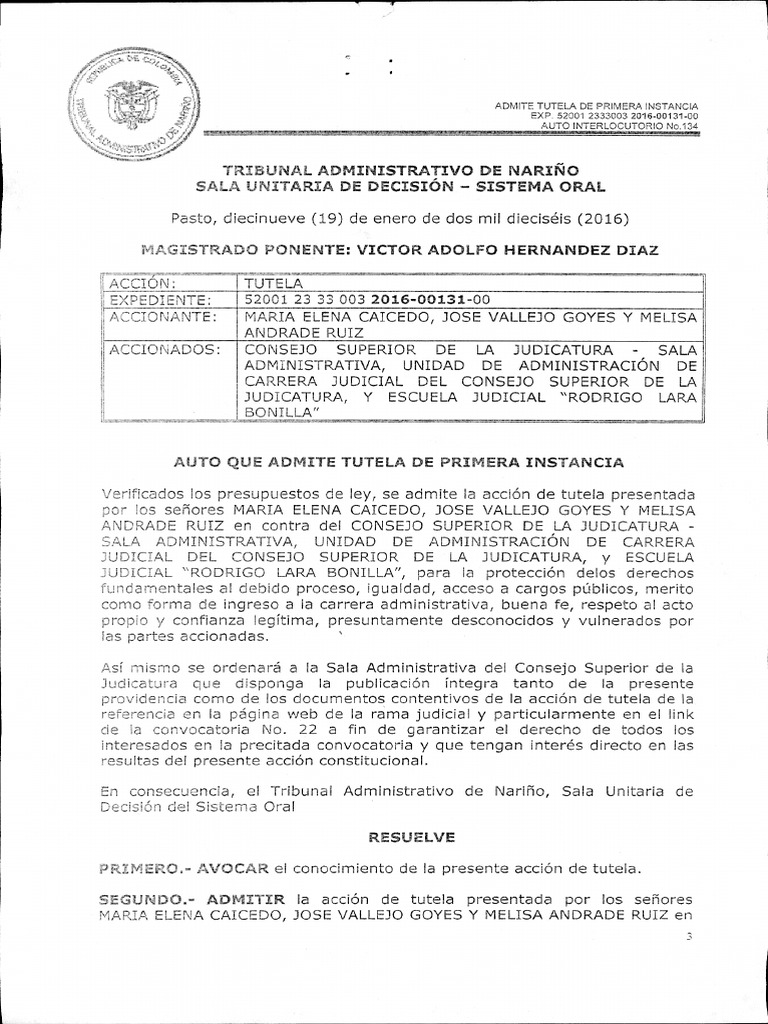 Auto Avoca Conocimiento 2016 00131 PDF Debido al proceso Juez